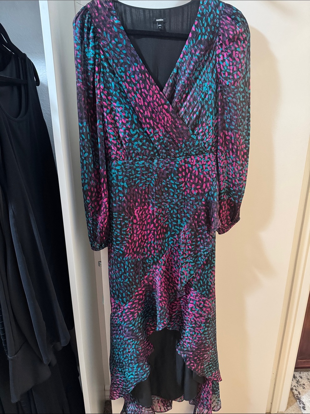 Express Teal & Fuchsia Leopard-Print High-Low Wrap Dress